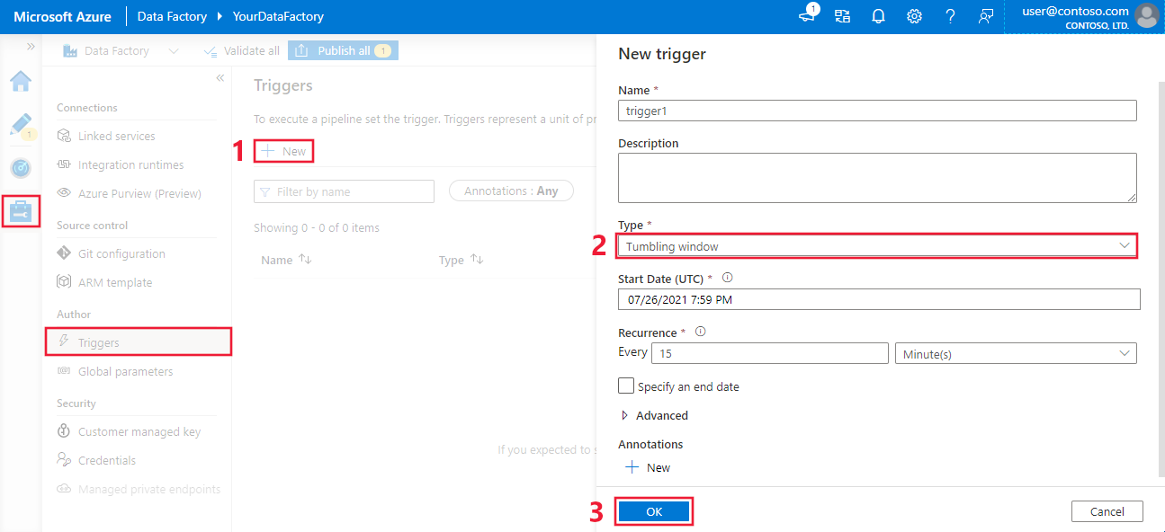Screenshot qui montre comment créer un déclencheur de fenêtre bascule dans le portail Azure dans Data Factory.