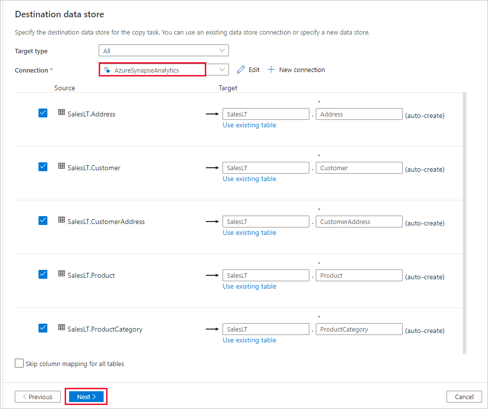 Capture d’écran montrant la configuration de la page «&nbsp;Magasin de données de destination&nbsp;».