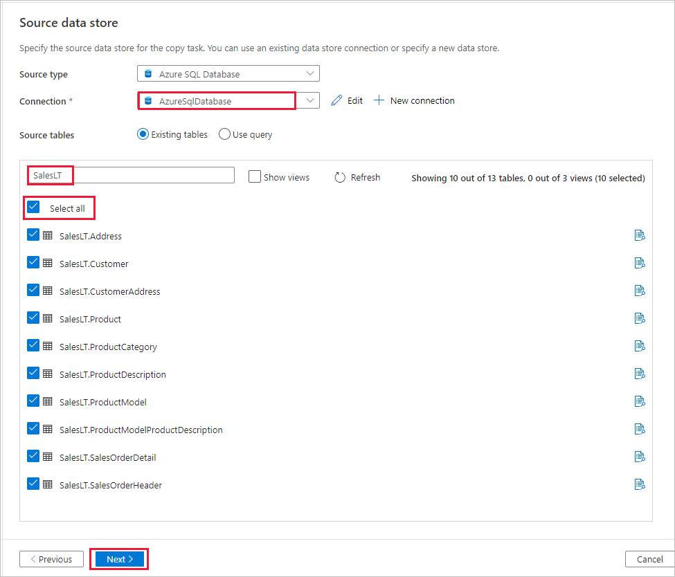 Capture d’écran montrant la configuration de la page «&nbsp;Magasin de données source&nbsp;».