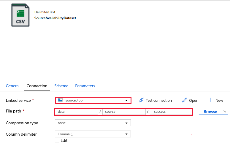 Sélections pour le service lié et le chemin d'accès du fichier pour SourceAvailabilityDataset