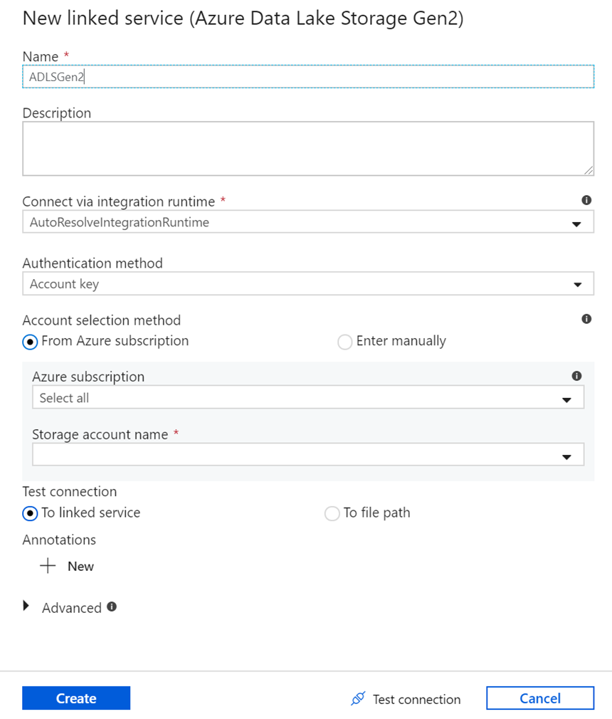 Capture d'écran du panneau pour créer un nouveau service lié pour Azure Data Lake Storage.
