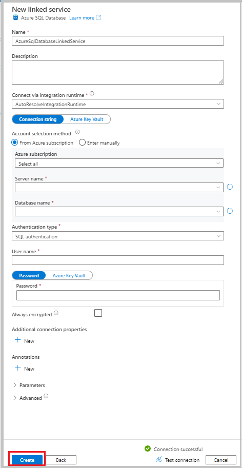 Capture d'écran qui affiche les paramètres d’un service lié Azure SQL Database.