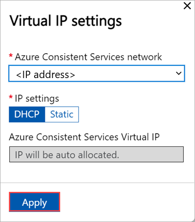 Capture d’écran de l’interface utilisateur web locale affichant la page «&nbsp;Cluster&nbsp;» avec le volet «&nbsp;Paramètres d’adresse IP virtuelle&nbsp;» configuré pour les services cohérents Azure sur le premier nœud.