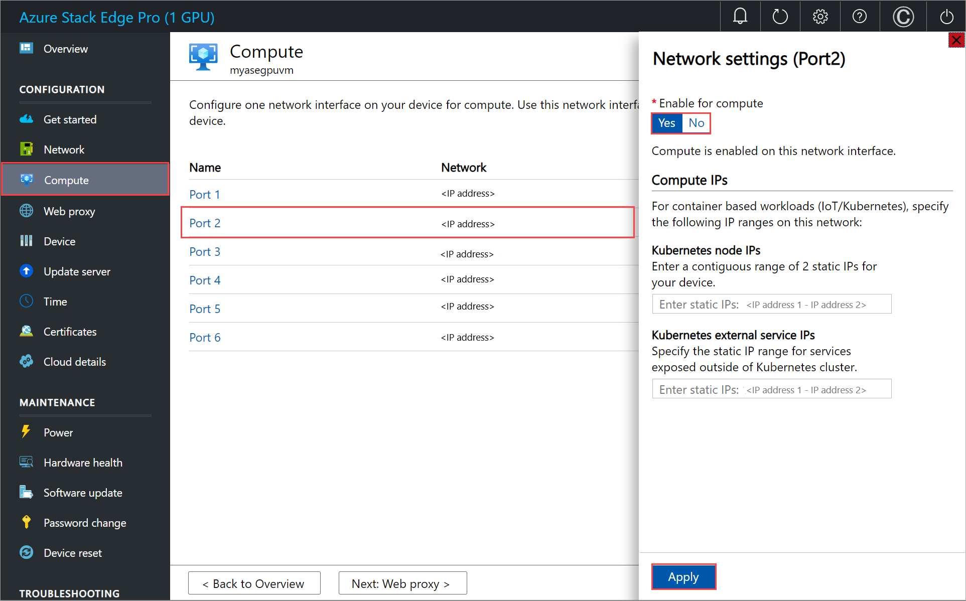 Capture d’écran du volet Calcul d’un appareil Azure Stack Edge. Les paramètres de calcul pour le port&nbsp;2 sont mis en évidence.