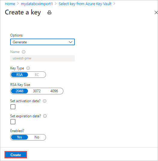 Capture d’écran montrant les options de génération d’une nouvelle version d’une clé Azure Key Vault existante pour fournir une clé gérée par le client dans l’onglet Sécurité de la commande d’exportation Data Box.