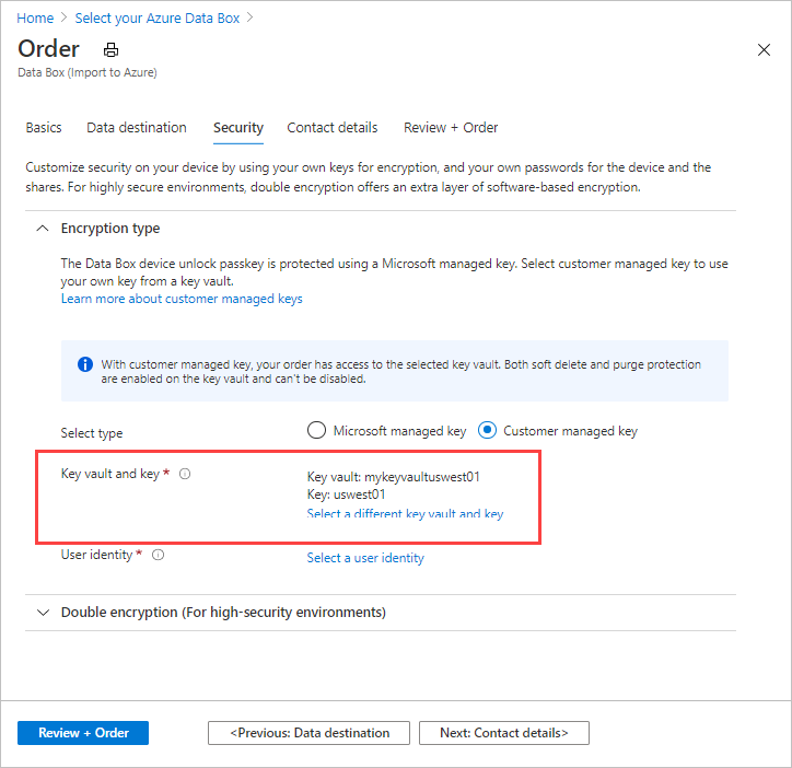 Capture d’écran des valeurs de clé et de coffre de clés présentes après la création d'une nouvelle clé Azure Key Vault afin de fournir une clé gérée par le client pour une commande d’exportation Data Box.