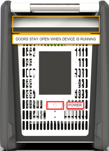 Capture d’écran montrant l’emplacement du bouton d’alimentation Data Box, illustrant que la porte reste ouverte pendant le fonctionnement de l’appareil.