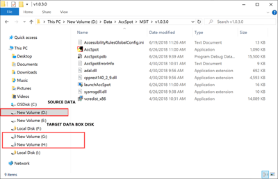 Capture d'écran du lecteur de source de données et des lettres de lecteur affectées à Data Box Disk.