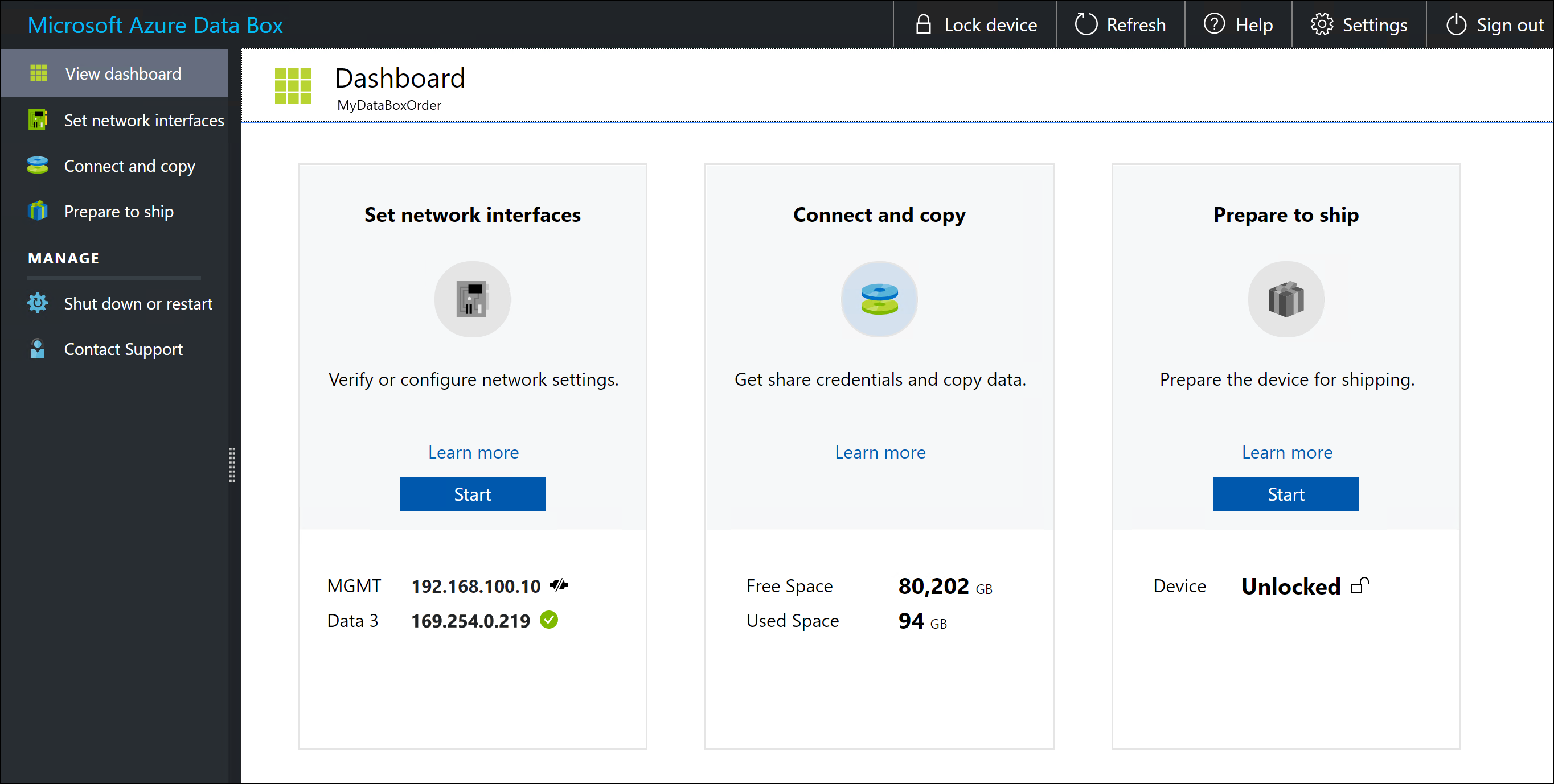 Capture d’écran de l’interface utilisateur web locale de Data Box.