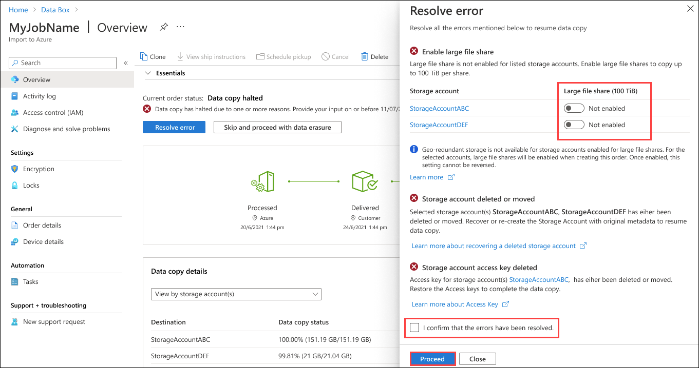 Capture d’écran du volet Résoudre les erreurs pour des erreurs multiples pouvant être réessayées à partir d’un chargement de Data Box. Les boutons «&nbsp;Not Enabled&nbsp;», l’invite de confirmation et le bouton «&nbsp;Proceed&nbsp;» sont mis en évidence.