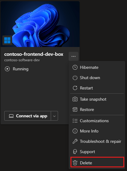 Capture d'écran du menu Actions de la dev box avec la commande Supprimer.