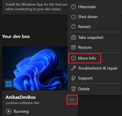 Capture d’écran du portail des développeurs montrant le menu d’actions pour une dev box et l’option Plus d’informations sélectionnée.