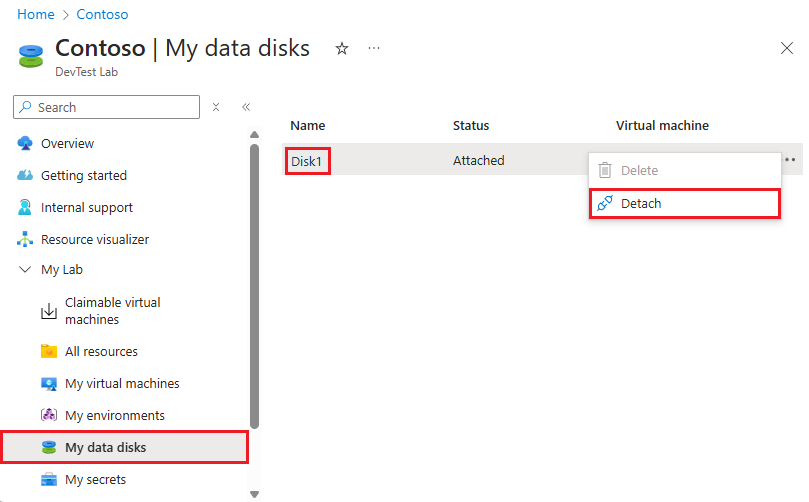 Capture d’écran du détachement d’un disque de données du menu contextuel de la liste.