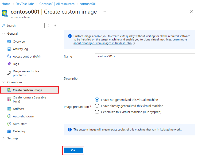 Capture d’écran montrant la page Créer une sélection d’image personnalisée sur la page Vue d’ensemble d’une machine virtuelle.