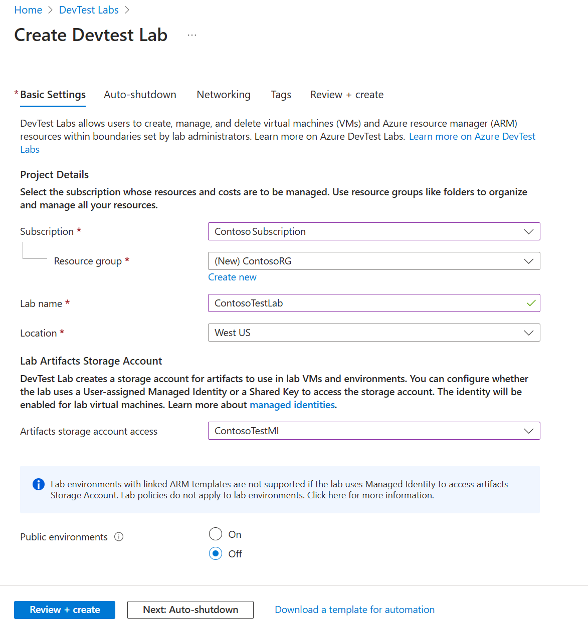 Capture d’écran de l’onglet Paramètres de base dans le formulaire de création devTest Labs.