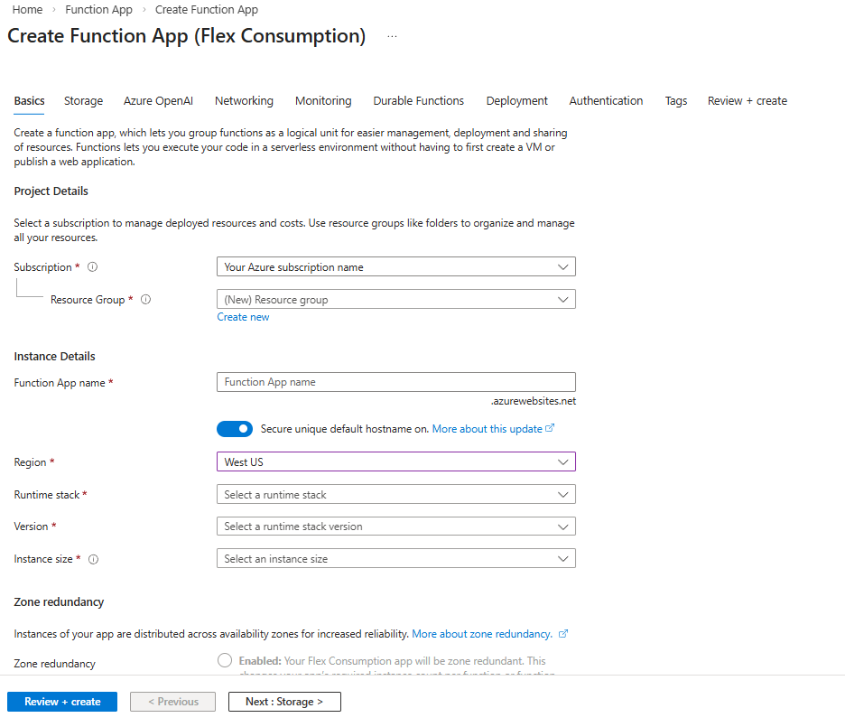 Capture d’écran de l’onglet « Informations de base » pour la création d’une application de fonction avec un plan de consommation flexible.