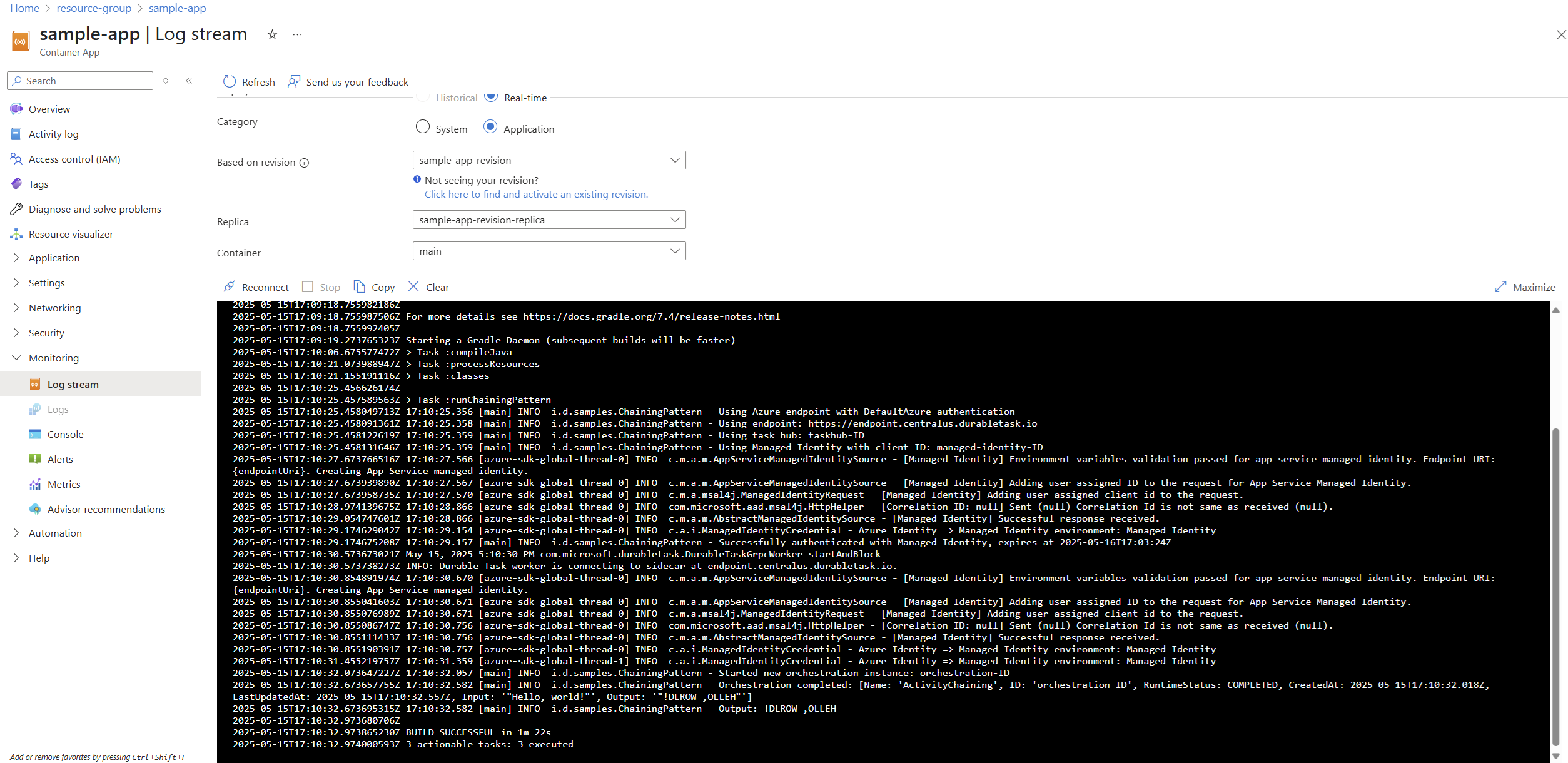 Capture d’écran du flux de journal de l’exemple d’application Java dans le portail Azure.