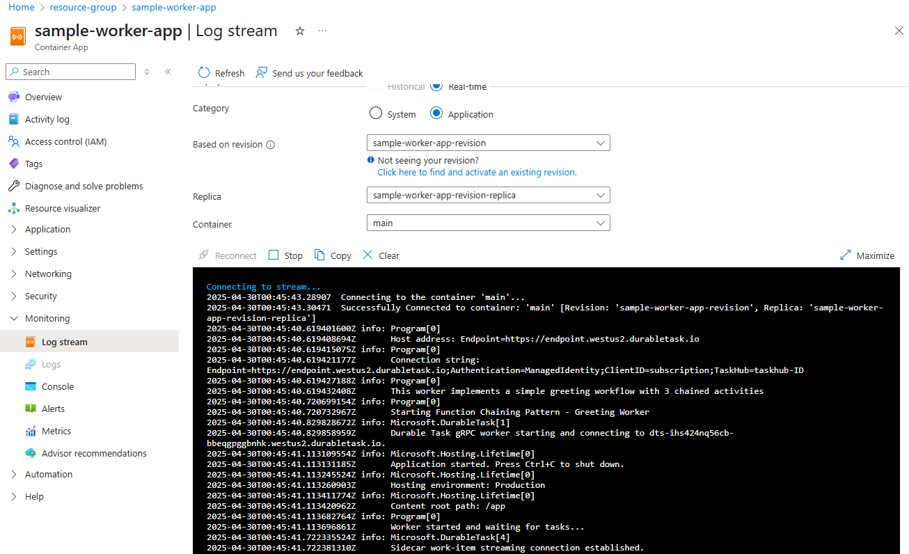 Capture d’écran du flux de journal du conteneur worker dans le portail Azure.