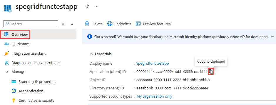 Capture d’écran montrant la page Vue d’ensemble d’une application Microsoft Entra ID avec l’ID d’application (client) mis en surbrillance.