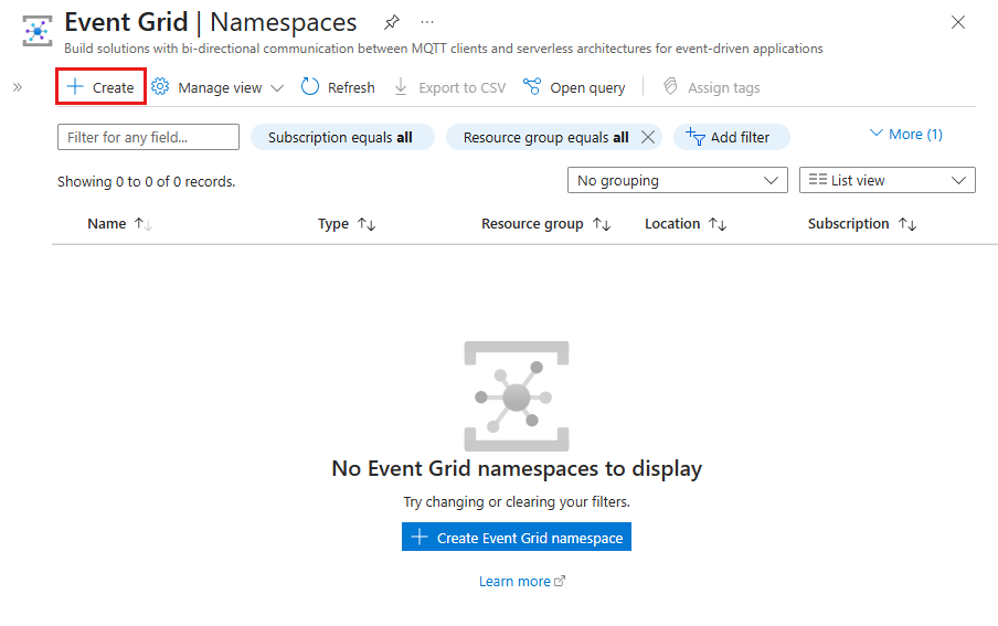 Capture d’écran montrant la page Espaces de noms Event Grid avec le bouton Créer dans la barre d’outils sélectionnée.