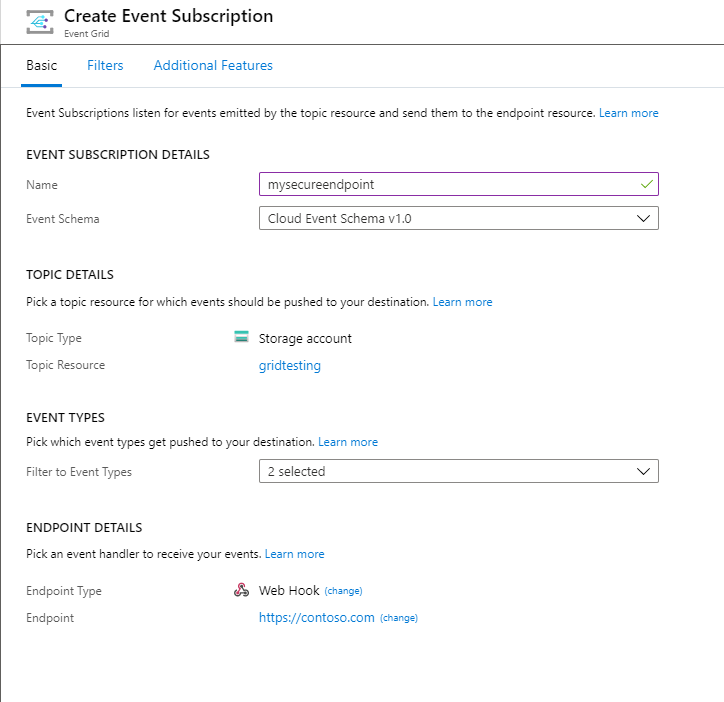 Capture d’écran de la sélection du type point de terminaison webhook dans le portail Azure.