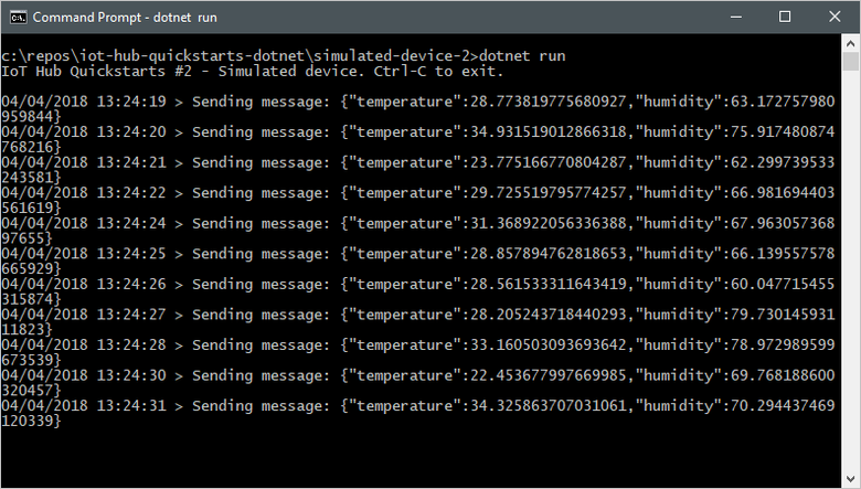 Capture d’écran d’une fenêtre de terminal montrant la sortie de l’application d’appareil simulé.