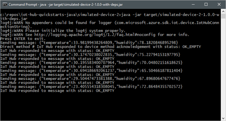 Capture d’écran d’une fenêtre de terminal montrant la sortie de l’application d’appareil simulé.