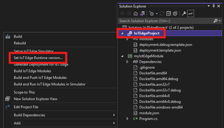 Screenshot de la recherche et de la sélection de l'élément de menu nommé « Set IoT Edge Runtime version ».