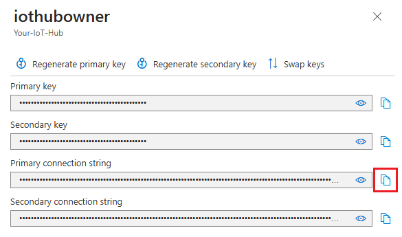 Capture d’écran montrant comment copier la chaîne de connexion principale pour la stratégie iothubowner d’un hub IoT dans le portail Azure.