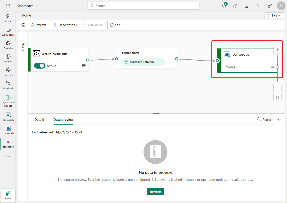 Capture d’écran de l’Eventstream avec des données dans la destination de la base de données KQL.