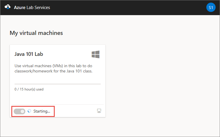 Capture d’écran de la page Mes machines virtuelles sur le site web Azure Lab Services, la bascule d’état miss en évidence.