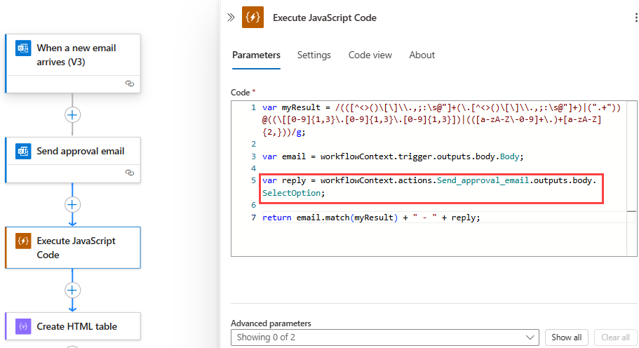 Capture d’écran montrant le flux de travail Consommation et l’action Exécuter du code JavaScript avec l’exemple d’extrait de code mis à jour.