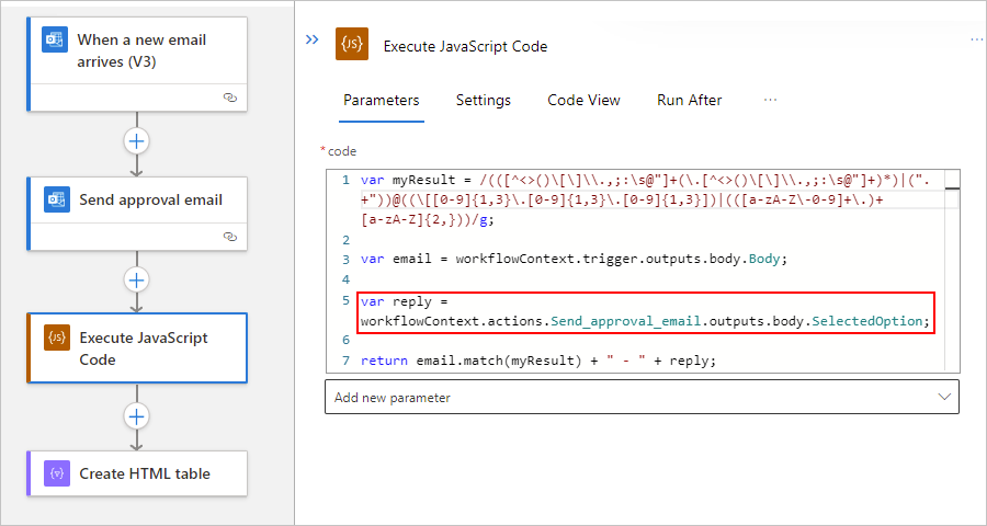 Capture d’écran montrant le flux de travail Standard et l’action Exécuter du code JavaScript avec l’exemple d’extrait de code mis à jour.