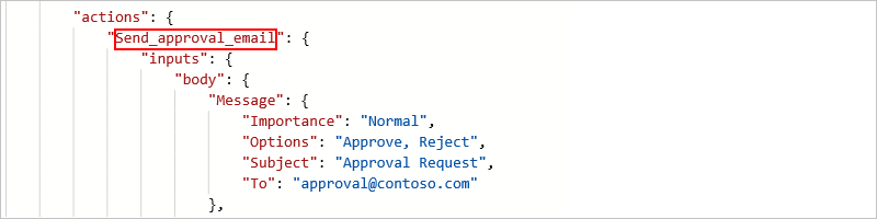 Capture d’écran montrant le nom de l’action dans JSON.
