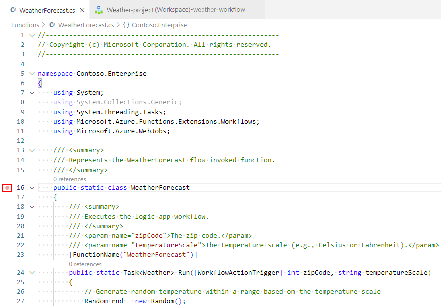 Capture d’écran montrant le fichier de code de fonction ouvert avec un point d’arrêt défini pour une ligne dans le code.