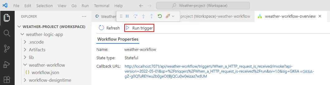 Screenshot affiche Visual Studio Code et la page Vue d'ensemble ouverte du flux de travail.
