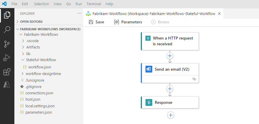 Capture d’écran montrant Visual Studio Code, l’espace de travail d’application logique, le projet et le flux de travail.