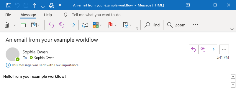 Capture d’écran montrant l’e-mail Outlook comme décrit dans l’exemple.
