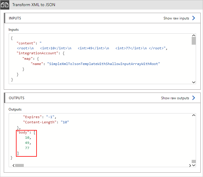 Capture d’écran montrant l’exemple de sortie pour la transformation XML vers JSON.