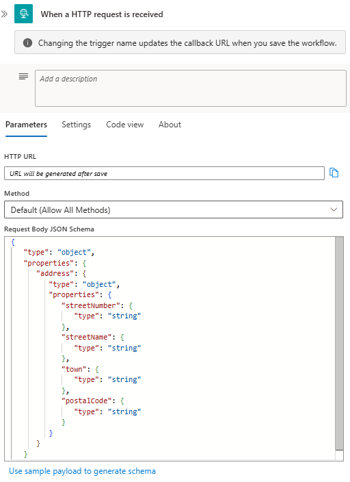 Capture d’écran montrant le flux de travail de consommation avec le déclencheur de requête et le paramètre de schéma JSON du corps de la requête avec un exemple de schéma.