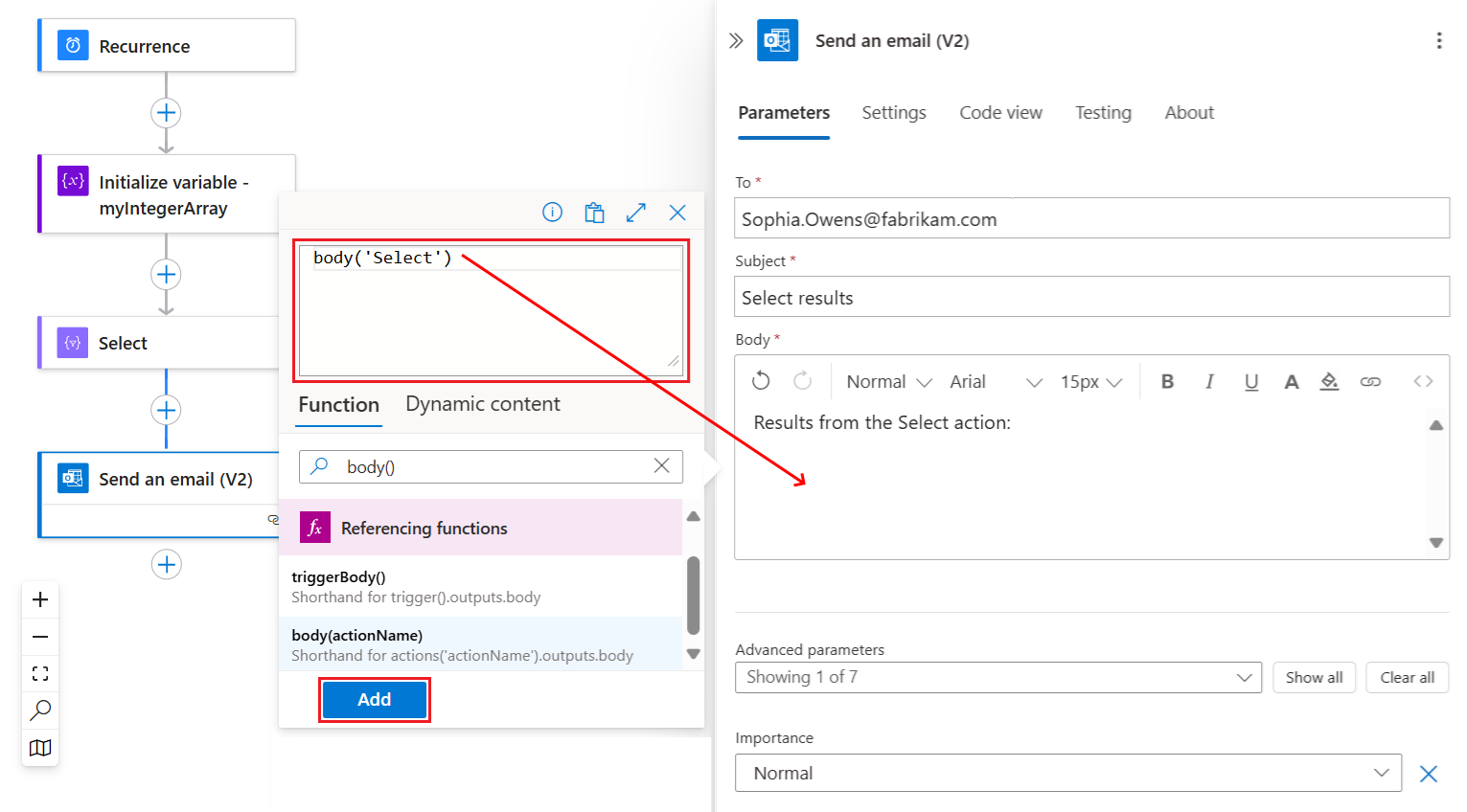 Capture d’écran montrant le flux de travail avec l’action Envoyer un e-mail et les sorties d’action à partir de l’action Sélectionner.