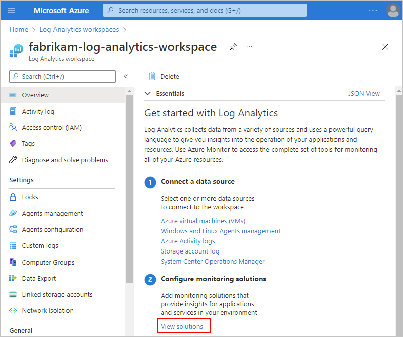 Capture d’écran montrant le portail Azure, la page de présentation de l’espace de travail et Voir les solutions sélectionné.