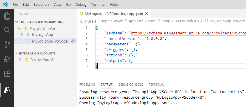 Capture d’écran montrant l’infrastructure d’une définition de flux de travail d’application logique vide dans un fichier JSON.