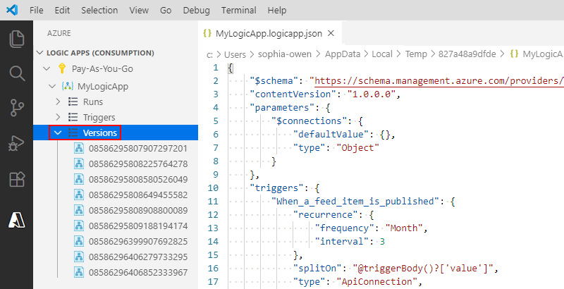 Capture d’écran montrant Visual Studio Code et les versions antérieures d’une application logique.