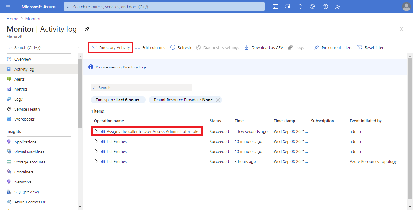 Capture d’écran qui affiche les journaux d’activité de l’annuaire dans Azure Monitor.