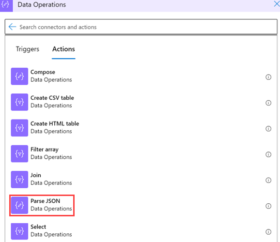 Capture d’écran de la sélection de l’option Analyser JSON sous Opérations sur les données.