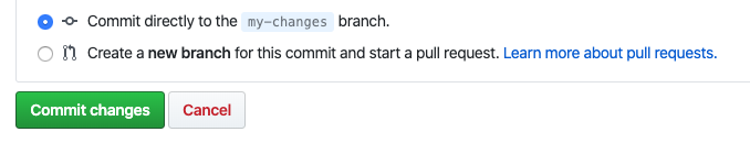 Capture d’écran montrant le bouton Valider les modifications dans l’interface GitHub.