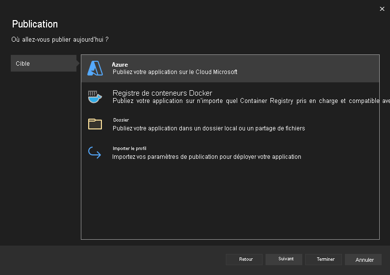 Une capture d’écran montrant comment sélectionner Azure comme cible de déploiement.