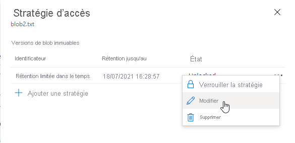 Screenshot montrant comment modifier une stratégie de rétention basée sur le temps au niveau de la version existante dans Azure portail
