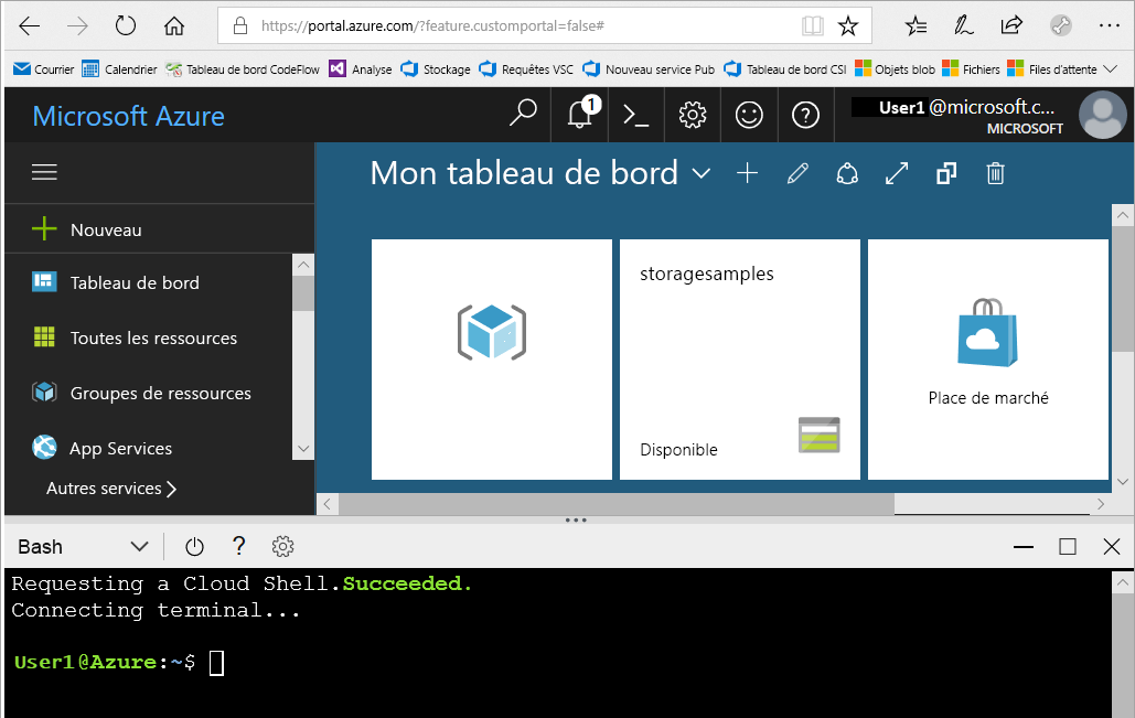Screenshot affichant la fenêtre Cloud Shell dans le portail